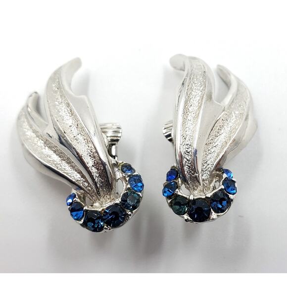 Vintage Marcel Boucher Blue Crystal Starburst Floral Brooch & Earrings Set 1950s - Picture 5 of 14